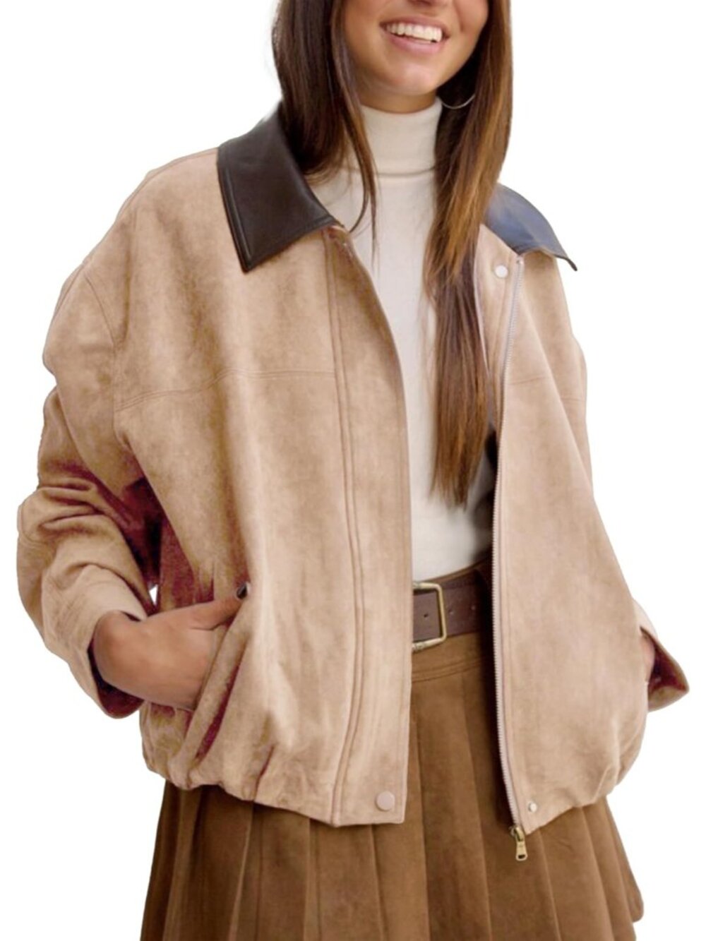 Women's Khaki Faux Suede Oversized Cropped Bomber Jacket Motorcycle Coat